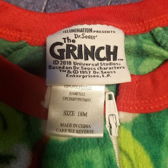 The Grinch Size Toddler 18M Unisex Zip Up Fleece Pajamas Footed - Picture 3 of 4